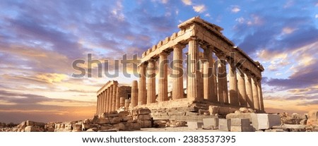 The ruins of an ancient greek temple. Parthenon on the Acropolis in Athens, Greece on a sunset Royalty-Free Stock Photo #2383537395