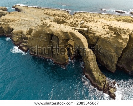 Aerial view of Elephant Trunk Rock.   Elephant Trunk Rock is a rock shaped like its name in the New Taipei City,Taiwan. Royalty-Free Stock Photo #2383545867