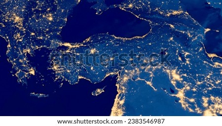 Turkey country at night from space, satellite photo. City Lights of Turkey, Europe, Middle East, Black Sea, Mediterranean Sea from space. Elements of this image furnished by NASA. Royalty-Free Stock Photo #2383546987