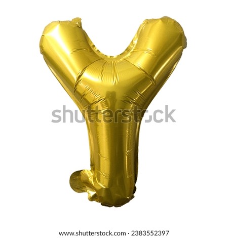 Gold foil balloon alphabet Y isolated on white. Birthday greeting card. Anniversary concept.