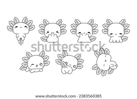 Collection of Vector Cartoon Axolotl Coloring Page. Set of Kawaii Isolated Animal Outline for Stickers, Baby Shower, Coloring Book, Prints for Clothes. 