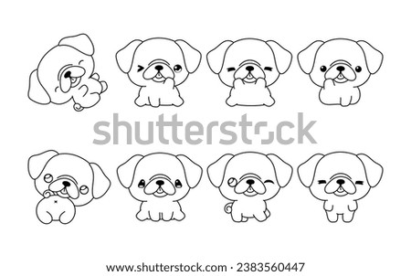 Set of Kawaii Isolated Pug Dog Coloring Page. Collection of Cute Vector Cartoon Puppy Outline for Stickers, Baby Shower, Coloring Book, Prints for Clothes. 