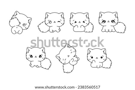 Collection of Vector Cartoon Persian Kitty Coloring Page. Set of Kawaii Isolated Cat Outline for Stickers, Baby Shower, Coloring Book, Prints for Clothes. 