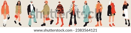 Group of fashionable women standing together, vector flat illustration. Stylish female characters in modern casual clothes, isolated on white. Beautiful girls in fashionable clothes. Autumn looks.