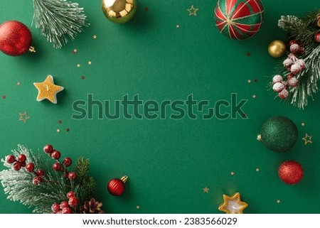 Magnificent Christmas decor to enjoyable party. Top view of gleaming balls, star-shaped candles, scattered confetti, frosted pine branches, festive holly berries on verdant backdrop with text space
