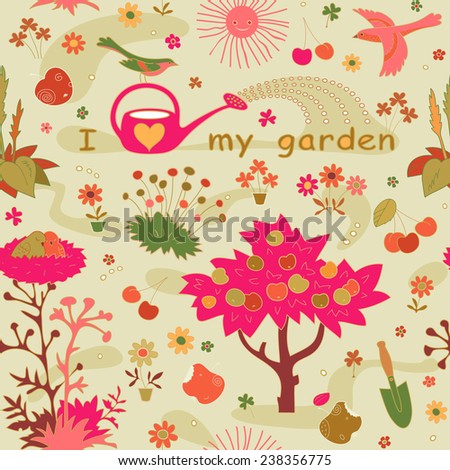 Seamless garden background. Vector floral summer pattern. Watering can, birds, flowers, fruits.