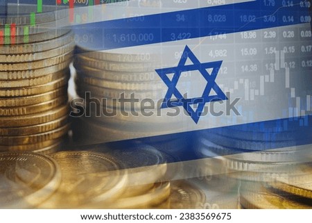 Stock market investment trading financial, coin and Israel flag or Forex for analyze profit finance business trend data background. Royalty-Free Stock Photo #2383569675