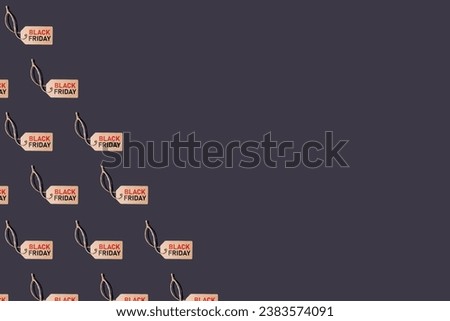 Pattern of brown cardboard tags with string, on black background with red and black letters that say: 'Black Friday', on the left side. Offers, promotion, cheap prices, sales and consumerism.