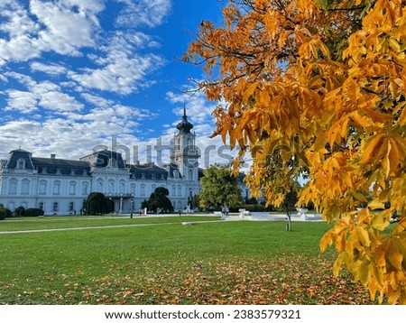 Stunning view of famous palace Festetics-Palast and a tree with golden yellow leaves in Keszthely, Hungary Royalty-Free Stock Photo #2383579321