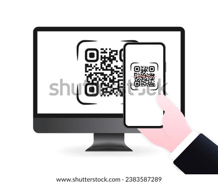 Scan QR code. Flat, gray, QR-code on the computer screen, scanned by phone. Vector illustration