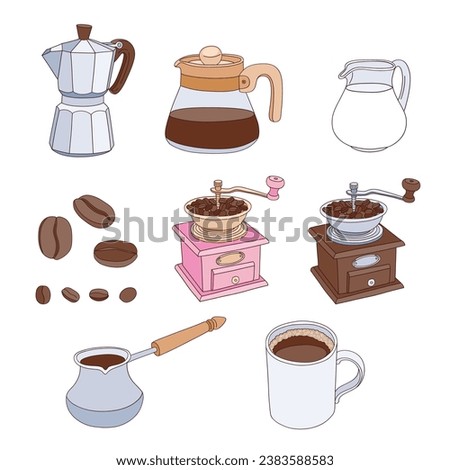 Retro coffee making equipment and ingredients pot mill milk beans cup vector illustration set isolated on white. Groovy coffee print collection.