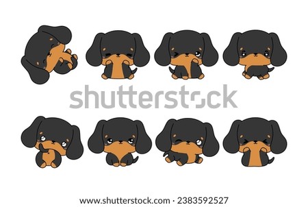 Collection of Vector Cartoon Dachshund Puppy Art. Set of Kawaii Isolated Baby Dog Illustrations for Prints for Clothes, Stickers, Baby Shower, Coloring Pages. 