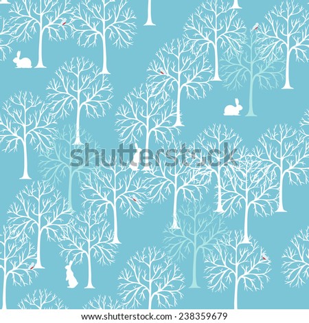 Seamless vector pattern with birds, trees and hares on the blue background. White contour elements in the snowy forest.