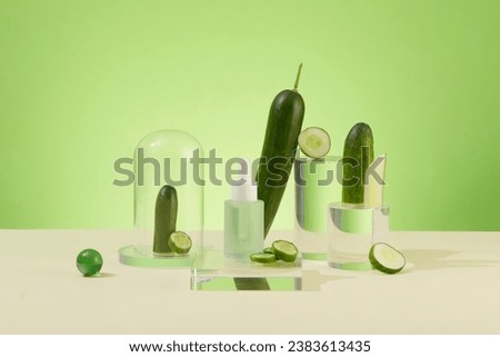 The serum bottle is placed on a transparent glass platform. Fresh cucumbers decorate the sides of the cylindrical podiums. Green-white background. Homemade cosmetics with natural ingredients.