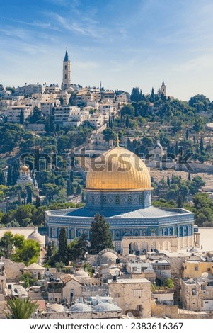 Vertical view of the Old City of Jerusalem featuring the famous Islamic building known as the Dome of the Rock located on the Temple Mount Royalty-Free Stock Photo #2383616367