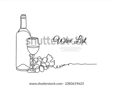 Bottle of wine with wineglass and grape bunch in continuous line art drawing style. Wine list. Minimalist black linear sketch isolated on white background. Vector illustration Royalty-Free Stock Photo #2383619623