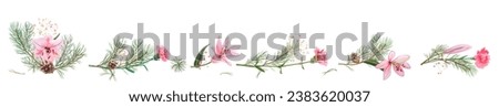 Horizontal panoramic border with pine branches, cones, needles, pink lilies, and pink carnation flowers. Realistic digital Christmas tree in watercolor style. Botanical illustration for design, vector