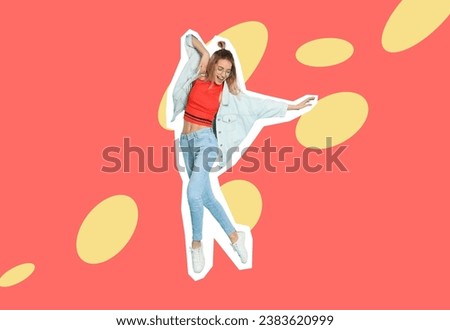 Stylish artwork with smiling woman dancing on color background