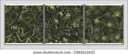 Abstract green camouflage patterns with paint splatter, smudge, paint brush strokes, broken lines, halftone shapes. Dense chaotic composition For apparel, fabric, textile, sport goods Grunge texture