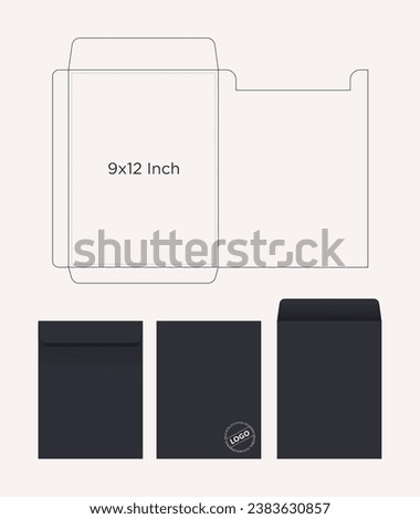 The envelope 9x12 Inch size die cut template. Vector black isolated circuit envelope with mockups. International standard size