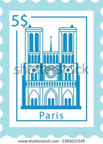 Flat bluish detailed postcard stamp with NOTRE DAME DE PARIS famous landmark and symbol of the French city of PARIS, FRANCE