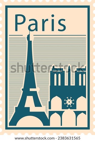 Flat bluish and pinkish detailed postcard stamp with EIFFEL TOWER and NOTRE DAME DE PARIS famous landmarks and symbols of the French city of PARIS, FRANCE
