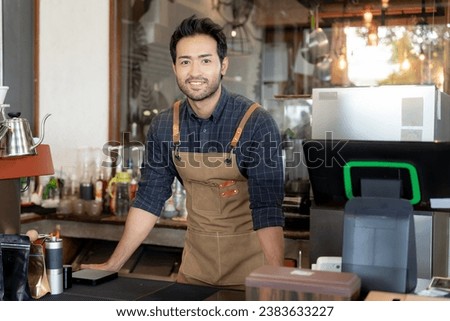 Business man owner open on the first day of business. guarantees safety, cleanliness, open the coffee shop. open for New normal. Small business, welcome, restaurant, home made