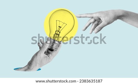 Collage with hands and light bulb which is symbolizing creativity concept and new ideas in business.