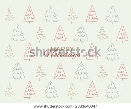 Simple line art doodle isolated christmas tree, snowfalkes, background decorative abstract modern minimalist illustration, happy holidays festive new year design holiday card banner pattern, hand draw