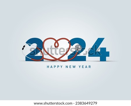 2024 new year Healthcare concept. Healthy new year- creative vector illustration for 2024 new year. Doctor stethoscope with smiling heart and blue background. Royalty-Free Stock Photo #2383649279