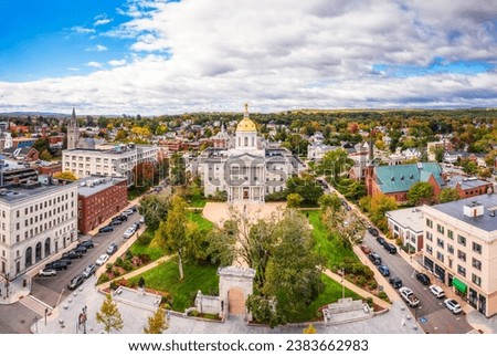 Aerial view of Concord and the New Hampshire State House. The capitol houses the New Hampshire General Court, Governor, and Executive Council. Royalty-Free Stock Photo #2383662983