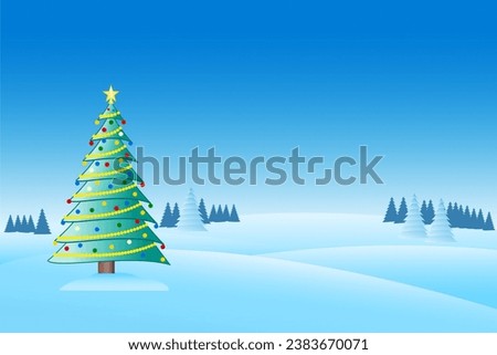 Christmas tree decorated with ornaments and a garland with a snowy landscape - Illustration