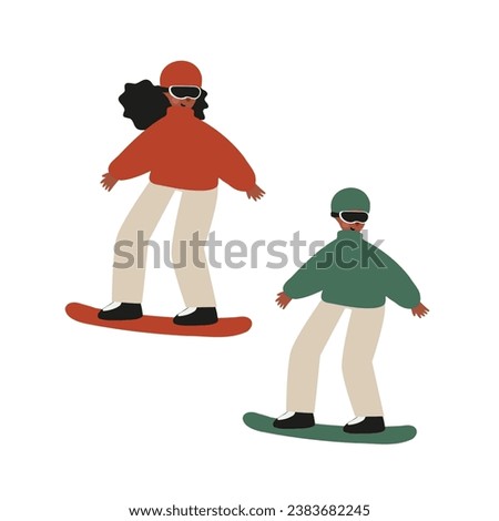 Set of winter season activities illustrations, people skiing, snowboarding, ice skating, sledding, tubing, playing snowballs, building snowman, making snow angel vector clipart, flat style images.