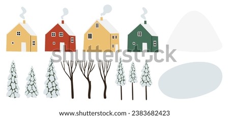 Set of winter snowy landscape clipart, scene background vector illustration, forest scenery, mountain village, winter season, house flat style images.