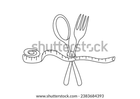 A centimeter connects a spoon and a fork. Eating disorder. Obsessive measurement of body parameters after eating. World Eating Disorders Action Day. One line drawing for different uses. Vector. Royalty-Free Stock Photo #2383684393