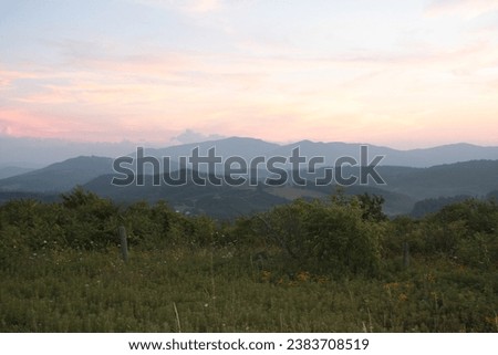 Sunset sunrise mountains mist in the forest silhouette trees frame the view America USA North Carolina Blue Ridge Mountains 