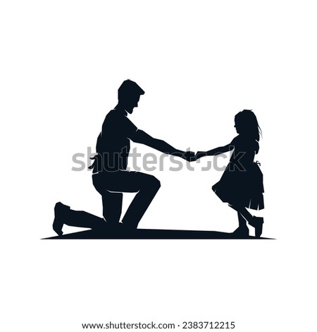 Father with daughter silhouette. Happy family, dad and cute little girl holding hands. Vector clip art illustration