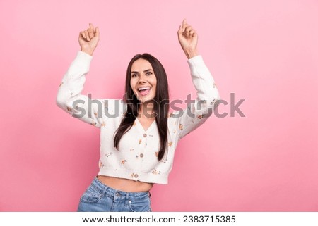 Photo of atmosphere drunk student girl wear crop top stylish design discotheque moves fingers up isolated on pink color background
