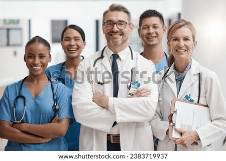 Team of doctor and nurse with vision, teamwork and arms crossed while working at a hospital. Happy medical expert, healthcare and professional group smile at work together for success at a clinic