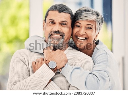 Senior couple, hug with love and portrait, comfort and happiness, bonding at home. Retirement, relax and face of man with woman, marriage and life partner at house, trust and care with relationship