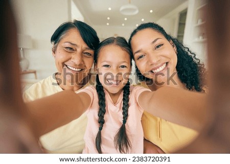 Portrait of grandma, child and selfie of mother in home, bonding together and love. Face, profile picture and mom, grandmother and girl taking photo for family memory on social media, smile and happy