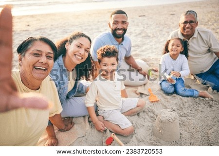 Family, beach selfie and children, grandparents and portrait in sand for holiday, Mexico vacation or games. Play, castle and happy grandmother in profile picture of mom, dad and kids outdoor by ocean