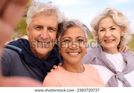 Senior runner friends, outdoor selfie and smile for fitness, portrait and diversity for social media. Elderly man, women and photography for memory, blog or profile picture for exercise in retirement