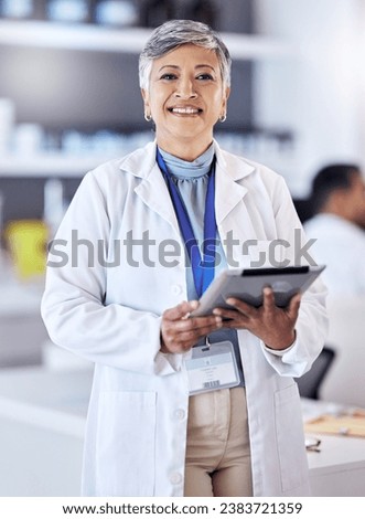 Science, tablet and portrait of senior woman in laboratory for research, data analytics and study results. Healthcare, biotechnology and happy female scientist on digital tech for medical analysis Royalty-Free Stock Photo #2383721359
