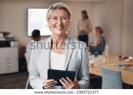 Business, portrait of mature woman with tablet and happy team leader, ceo in office with success. Leadership, smile and corporate employee, senior businesswoman boss in management at digital startup. Royalty-Free Stock Photo #2383721377