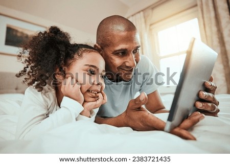 Father, girl and child with tablet in bedroom for online games, reading ebook story and watch multimedia. Man, dad and happy kid streaming cartoon, movies and digital technology in morning at home