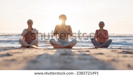 Beach yoga class, sunset and meditation instructor coaching zen mindset, spiritual chakra healing or breathing exercise. Freedom, calm and people learning pilates, training and coach teaching group