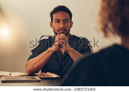 Police, investigation and man listening to woman for report, interrogation or criminal arrest. Law, crime and bribery, detective at station for money laundering interview, questions and attention. Royalty-Free Stock Photo #2383721601