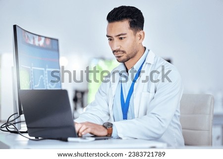 Science, asian man and typing on laptop in laboratory for medical planning, innovation and data analysis. Male researcher, scientist and focus for working on computer report, results or biotechnology
