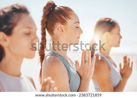 Yoga, meditation and prayer hands with spiritual friends training for zen, fitness and wellness. Peace, motivation and community with young women and pilates, worship and energy exercise